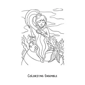 Image à colorier d'une sirène de dessin animé qui se coiffe les cheveux