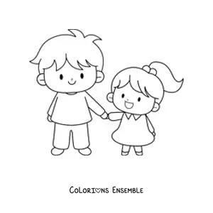 Image à colorier d'un garçon qui tient sa petite sœur