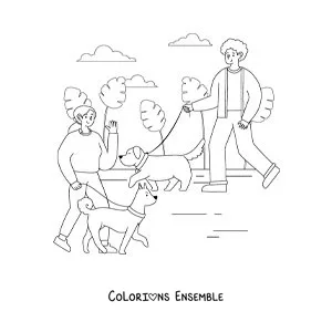 Image à colorier de personnes qui promènent leurs chiens dans le parc