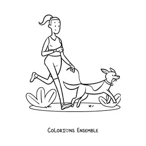 Image à colorier d'une fille qui fait du jogging avec son chien dans le parc
