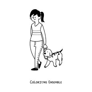 Image à colorier d'une fille qui promène son chien