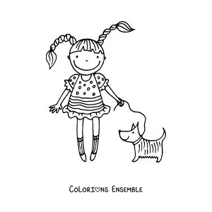 Image à colorier d'une caricature d'une fille qui promène son chien