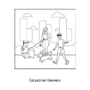 Image à colorier d'une fille et d'un garçon qui promènent leurs chiens dans le parc