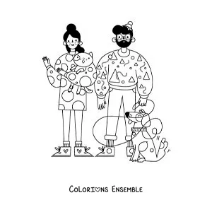 Image à colorier d'un couple avec son chat et son chien en laisse