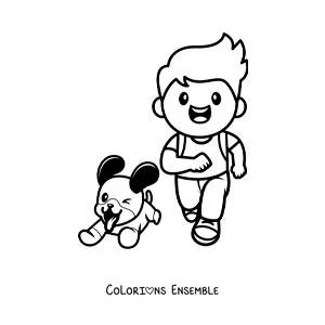 Image à colorier d'un garçon qui court avec son chien kawaii