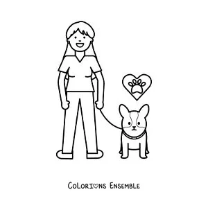 Image à colorier d'une fille qui promène son petit chien en laisse