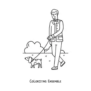 Image à colorier d'un homme qui promène son chien dans le parc