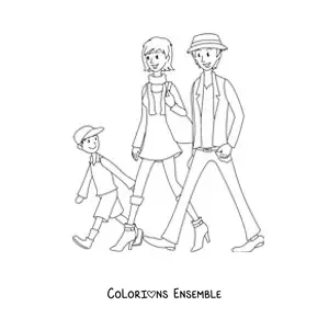 Image à colorier d'une famille en promenade