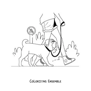 Image à colorier d'une fille qui promène son chien dans le parc