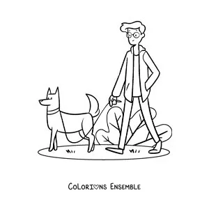 Image à colorier d'un jeune homme qui emmène son chien se promener au parc