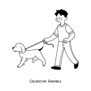 Image à colorier d'un garçon qui emmène son chien se promener en laisse
