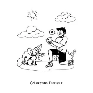 Image à colorier d'un garçon qui prend des photos de son chien pendant une promenade