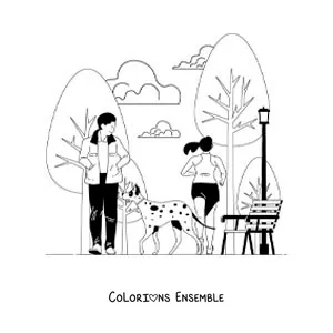 Image à colorier d'un homme qui marche avec son chien dans le parc