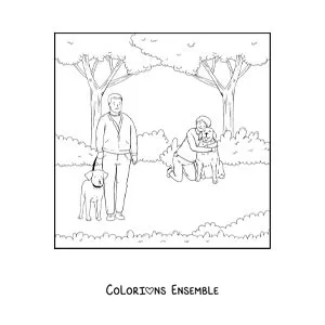 Image à colorier de plusieurs personnes qui se promènent avec leurs chiens dans le parc