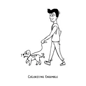 Image à colorier d'une caricature d'un homme qui promène son chien