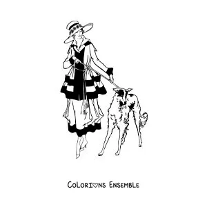 Image à colorier d'une fille élégante qui se promène avec son chien