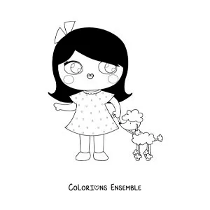 Image à colorier d'une poupée animée qui promène son petit chien