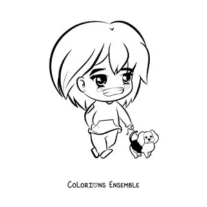 Image à colorier d'une fille kawaii qui promène son chien