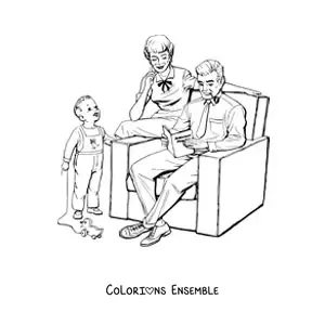 Image à colorier d'une famille au style vintage