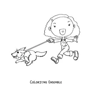 Image à colorier d'une fillette animée qui promène son chien