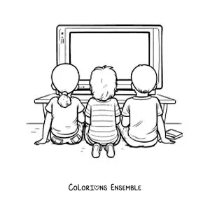 Image à colorier d'enfants assis devant la télévision