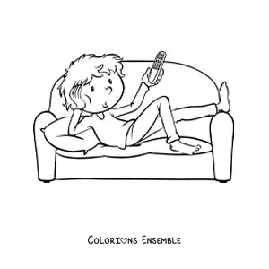 Image à colorier d'un garçon allongé sur le canapé avec la télécommande de la télévision