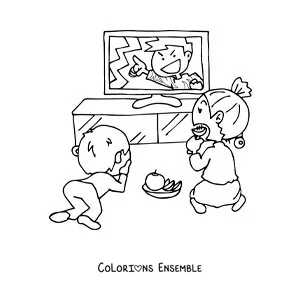 Image à colorier de deux enfants qui mangent des fruits en regardant la télévision