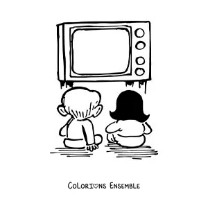 Image à colorier d'un dessin animé de deux enfants qui regardent la télévision