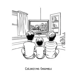 Image à colorier d'enfants assis en train de regarder la télé