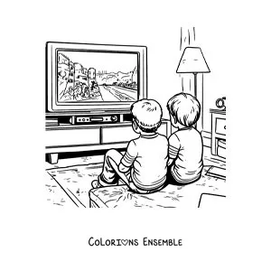 Image à colorier de deux enfants amis qui regardent la télé