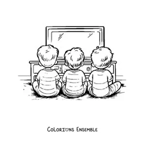 Image à colorier de trois frères et sœurs qui regardent la télévision