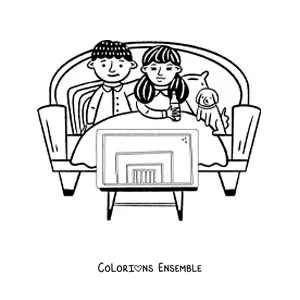 Image à colorier d'un couple qui regarde des films à la télé sur le canapé