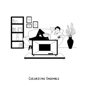 Image à colorier d'un garçon qui regarde des films à la télé en mangeant du popcorn
