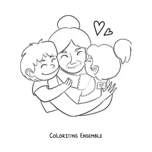 Image à colorier d'une mamie qui serre ses deux petits-enfants dans ses bras