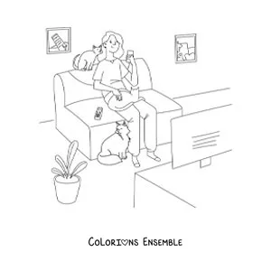 Image à colorier d'une fille qui regarde la télé à la maison avec ses chats