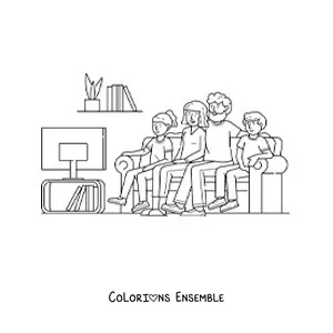 Image à colorier d'une famille qui regarde la télévision à la maison