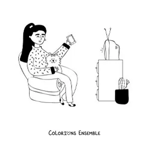 Image à colorier d'une fille qui regarde la télévision avec son chat