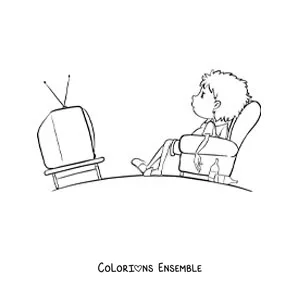 Image à colorier d'un garçon qui regarde la télévision sur le canapé