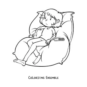 Image à colorier d'un garçon assis en train de regarder la télé