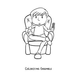 Image à colorier d'un garçon assis avec la télécommande de la télé