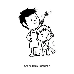 Image à colorier d'un garçon qui aide son papa à nettoyer la maison