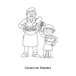 Image à colorier d'un garçon qui aide son papa à cuisiner à la maison