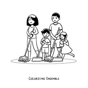 Image à colorier d'une famille qui nettoie la maison