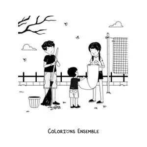 Image à colorier d'enfants qui aident leur mère à ranger la cour