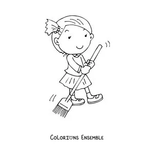 Image à colorier d'une fillette qui aide à balayer à la maison