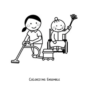 Image à colorier d'une fille et d'une grand-mère qui nettoient la maison