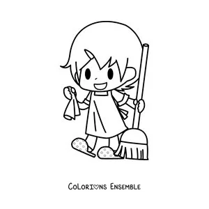 Image à colorier d'une fille kawaii avec un balai pour nettoyer le sol