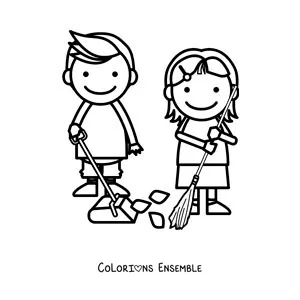 Image à colorier de deux enfants qui balaient à la maison
