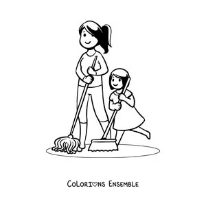 Image à colorier d'une mère et de sa fille qui balaient le sol