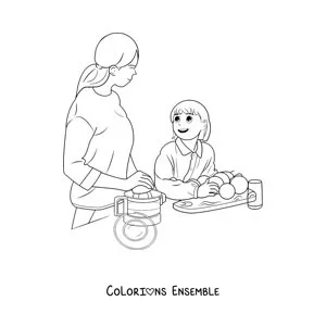 Image à colorier d'une mère et de sa fille qui cuisinent